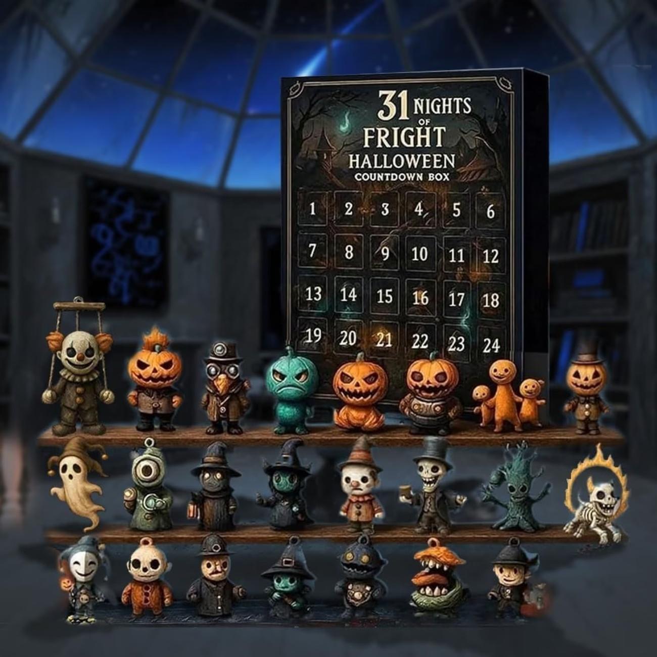 Halloween 31 Night Countdown Calendar Gift Box, 31 Collectible Horror Dolls, Daily Door Decor for Parties, Plastic Material, Spooky Holiday Decoration