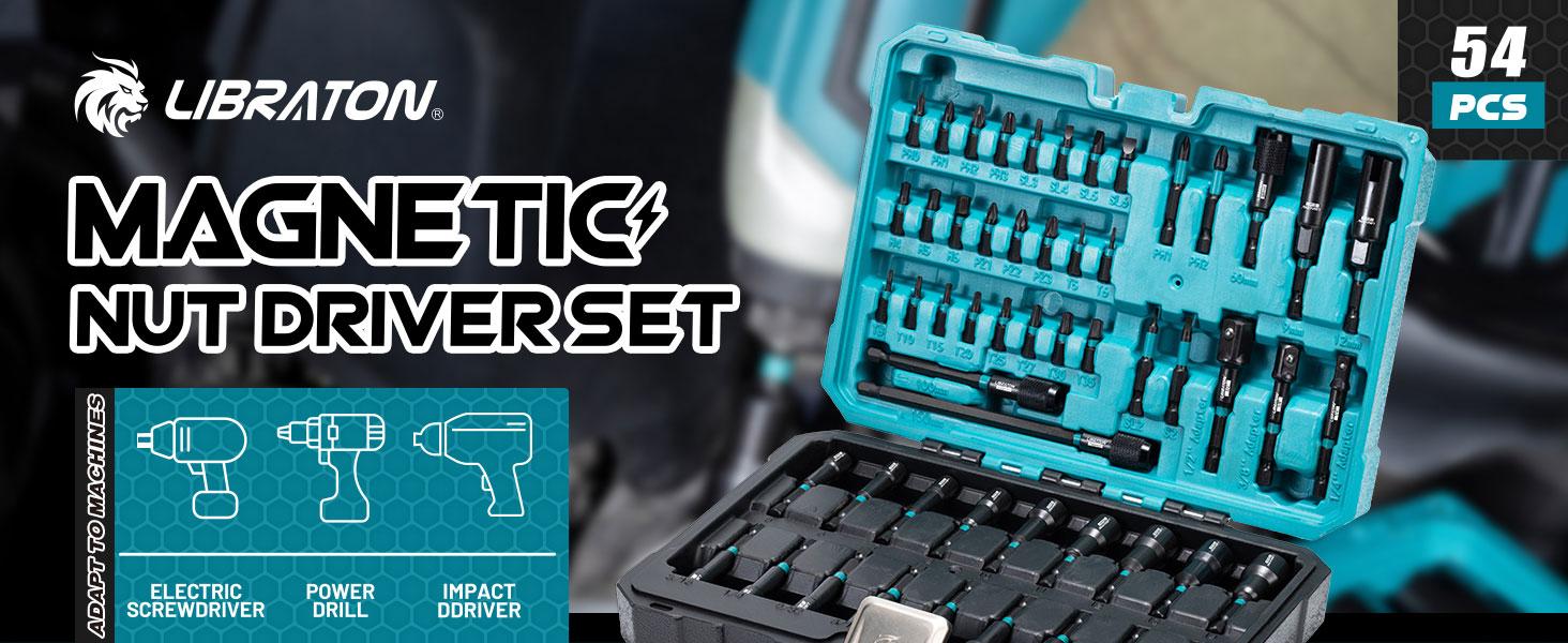 LIBRATON 54PCS Magnetic Nut Driver Set – Impact Drill Bit Kit, Metric & SAE, Perfect Gift for Men Hex Shank Screwdriver Multipurpose Screwdriver