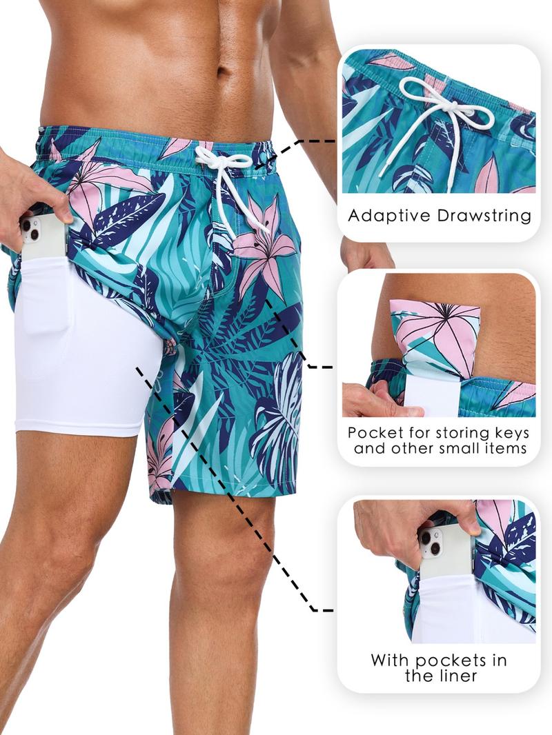 Men's 2-In-1 Swim Trunks, 7 Inch Swimming Shorts Beach Pants, Quick Dry Gym Shorts with Compression Lining, Gym Vacation Pool Wear