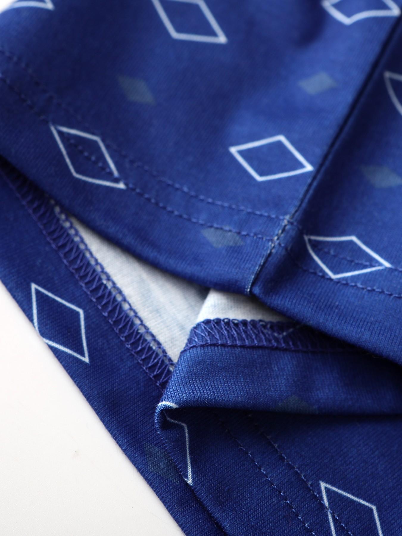 Men's Navy Blue Geometric Print 2-Piece Pajama Set - Notch Collar Button-Down Shirt + Elastic Cuff Pants, Soft Breathable Fabric, Relaxed Fit for At-Home Lounging, Sleep & Lazy Weekends