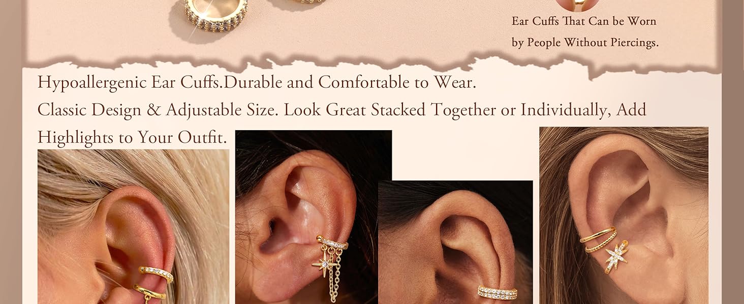 3Pcs Ear Cuff No Piercing for Women Gold Ear Cuff Earrings Silver Clip on Hoop Earring Adjustable Cartilage Helix Earring Hypoallergenic Fake Piercings Earrings Stack for Sensitive Ear