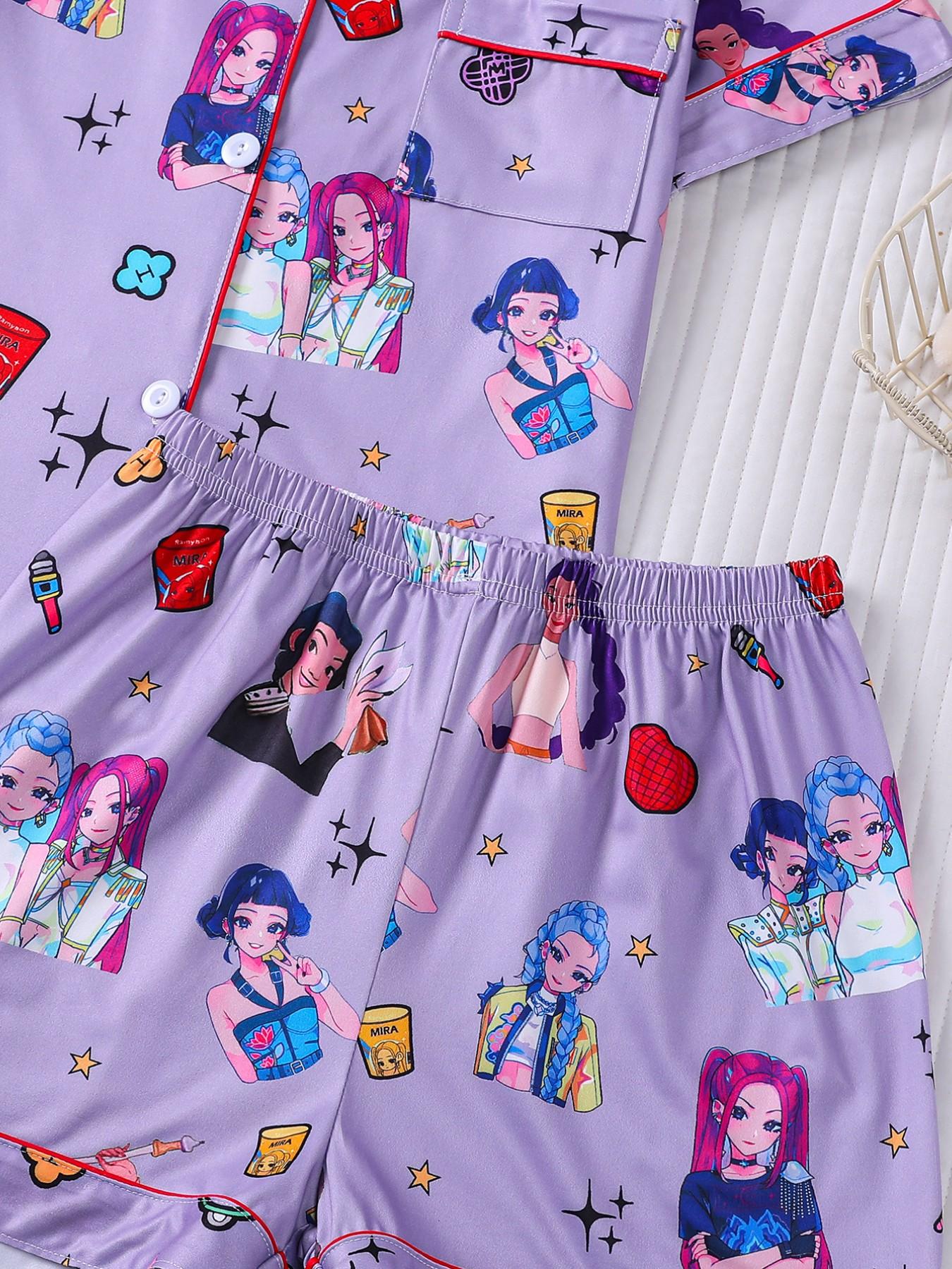 2-piece children's set featuring full-body K-pop cartoon girl prints, short sleeves, shorts with soft and comfortable top, small pockets, lapel design, elastic waistband, suitable for year-round home wear, casual leisure children's pajama set