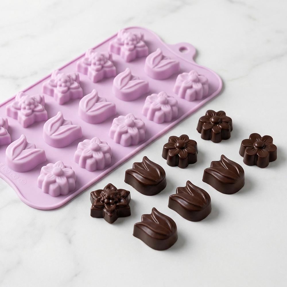 3pcs Tulip Shape Chocolate Silicone Molds, DIY Candy Pudding Baking Cookie Birthday Cake Decoration, 15 Cavity Mold Set