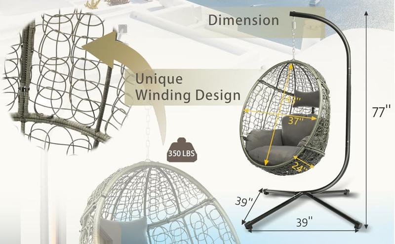 Hanging Wicker Egg Chair with Stand, Single Swing Chair with Cushions for Indoor and Outdoor Use, Supports Up to 350 lbs, Perfect for Patio, Garden, or Balcony