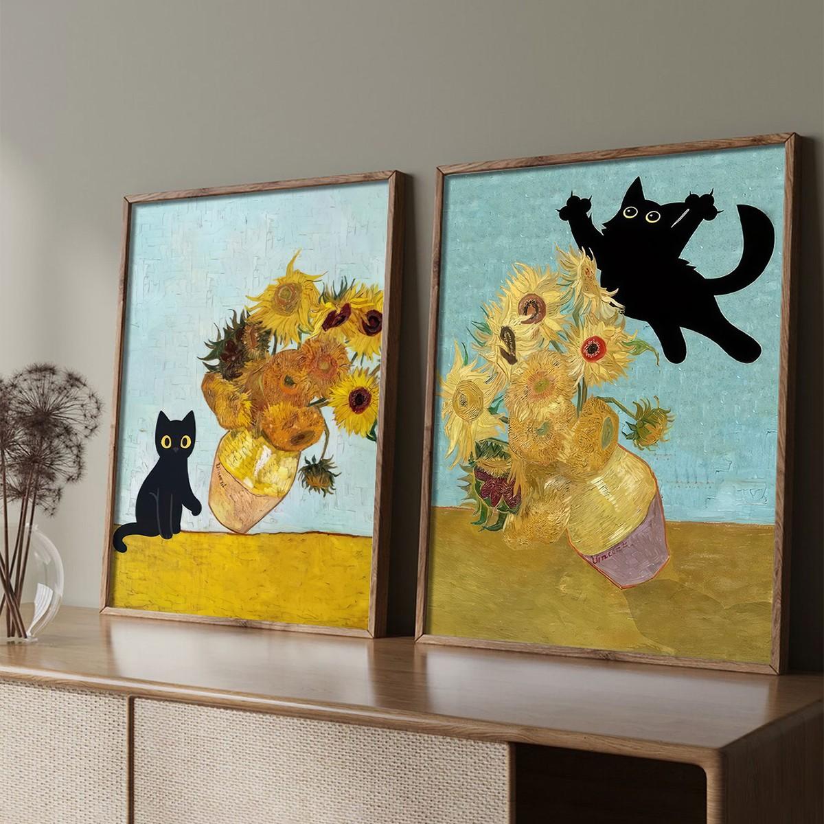 2 Piece Set Frameless Canvas Poster, Fun Cat Vase Illustration, Wall Art for Bedroom Office Living Room Cafe Bar Home Dorm Decor