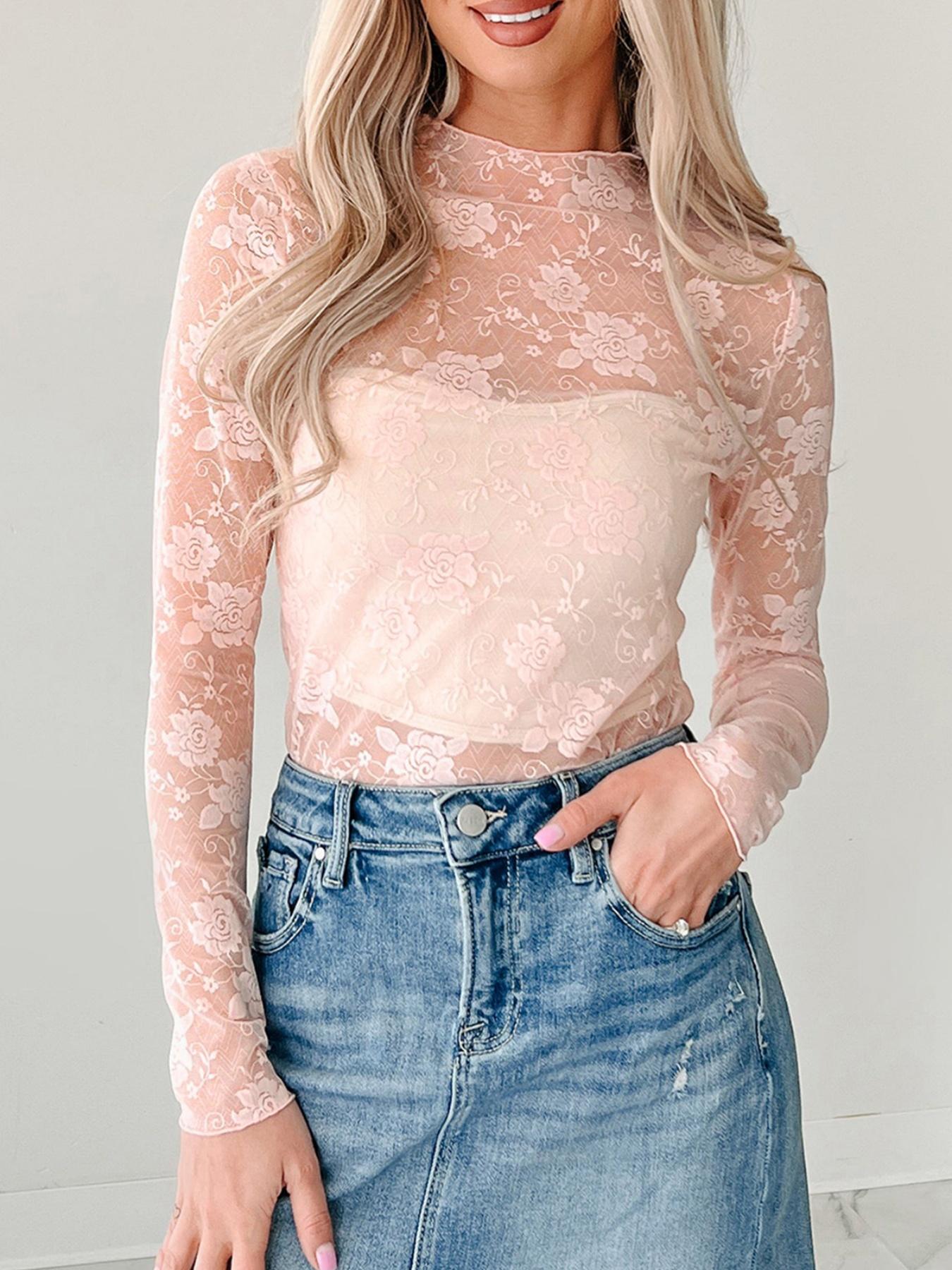 Hotapei Spring Autumn Floral Lace Mesh Halter Neck Long Sleeve Top, Elegant Women's Blouse, Breathable & Stylish Design