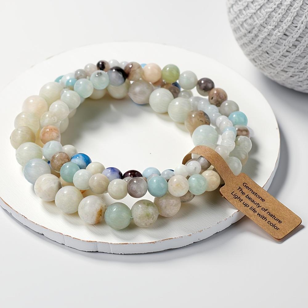 [Stone Bead Bracelets Set] Natural Stone Bead Bracelets Set - 3pcs/Set in 4Mm/6Mm/8Mm Sizes - Lucky Charm Bracelets - Couple Love Tokens - Natural Stone Wristband - Valentine's Day Gift