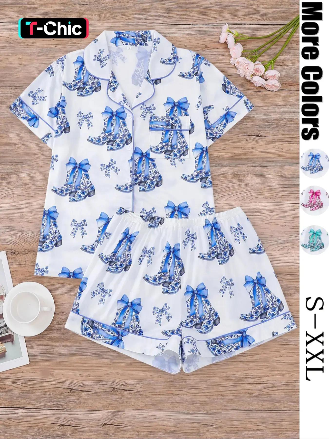 Women's All Over Print Button Front Shirt & Elastic Waist Shorts Pyjama Two-piece Set, Casual Comfy Short Sleeve Top & Shorts PJ Set, Ladies Sleepwear for All Seasons, Cute Pajama Sets