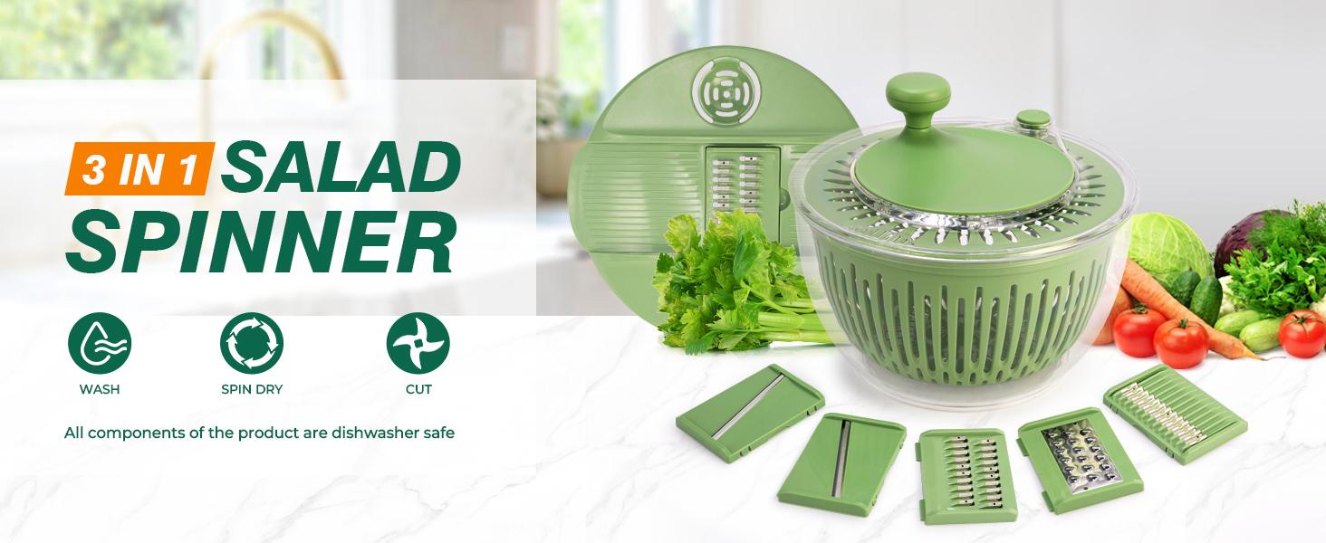 Salad Spinner +Chopper Combo –Includes Colander & Pasta Strainer– 5-in-1 Kitchen Must-Have (Springtok Green) Vegetable Cutting Slicer Utensils Fruit Spinach Drainer handheld cheese grater