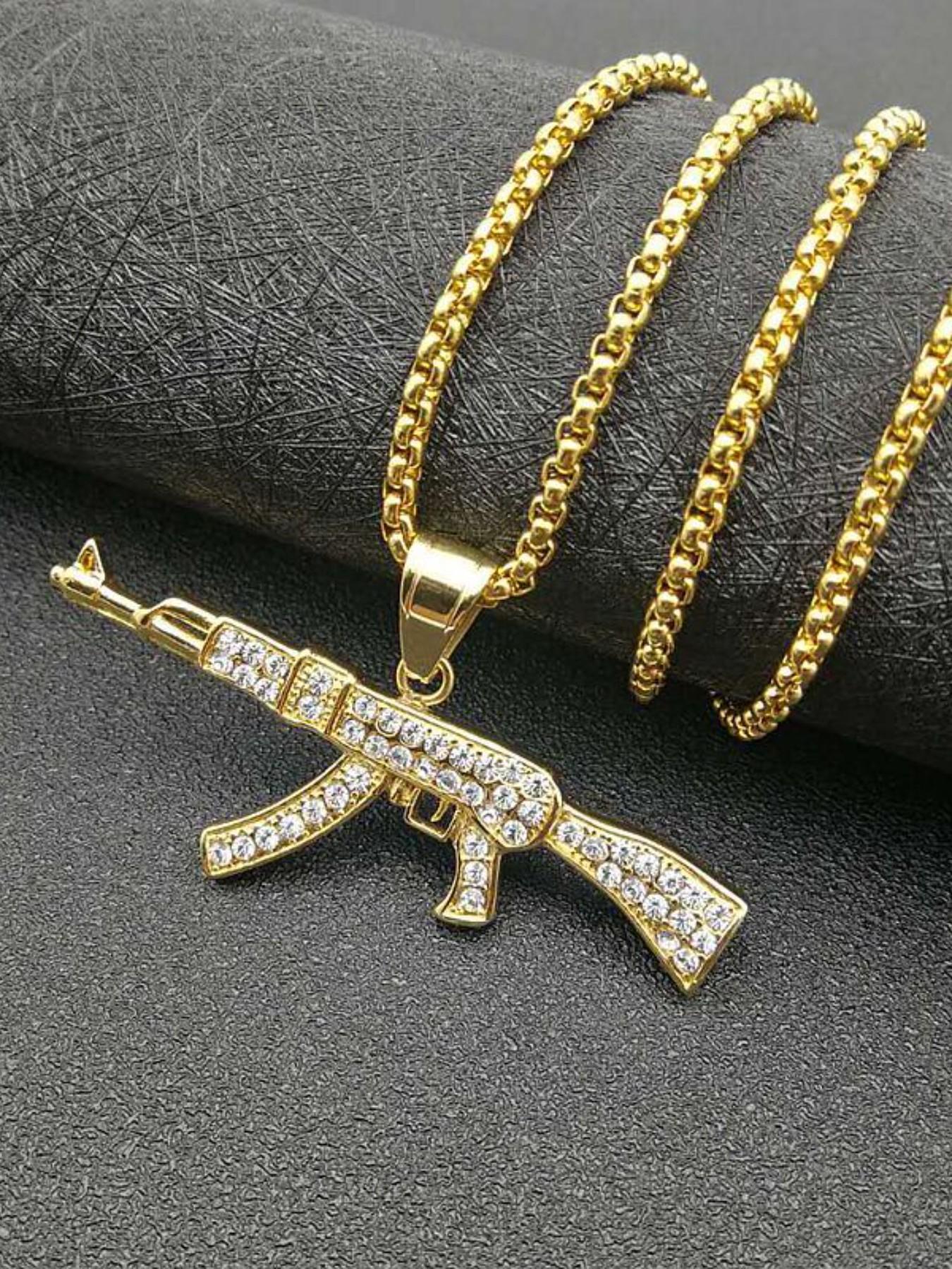 Trendy Hip Hop Jewelry, Titanium Steel Gold Plated Rhinestone Ak47 Pendant Necklace, Stylish Accessory for Men and Women