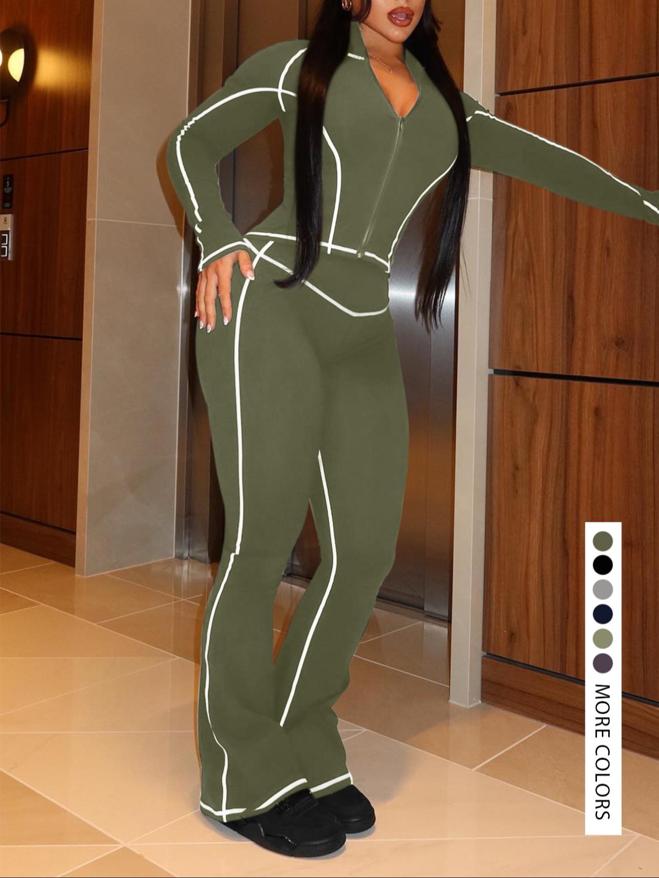 【LovelyWholesale】2026 FIFA World Cup Campaign Two-piece Set Women's Striped Zip Up Jacket & Pants, Street Fashion Streetwear Long Sleeve Outerwear & High Waist Trousers for Daily Wear, Ladies Spring  Clothes, Womenswear Perfect for All Seasons