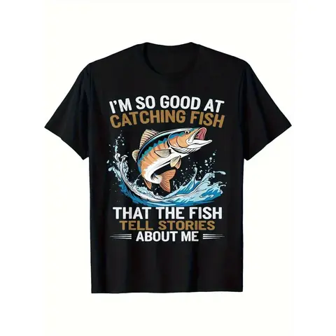 Men's Round Neck Vintage Checked T-Type Cotton Tee - Unisex Top with Funny "I'm So Good At Catching Fish Telling Stories About Me" Bass Fisherman Graphic, Dad Fishing Gift