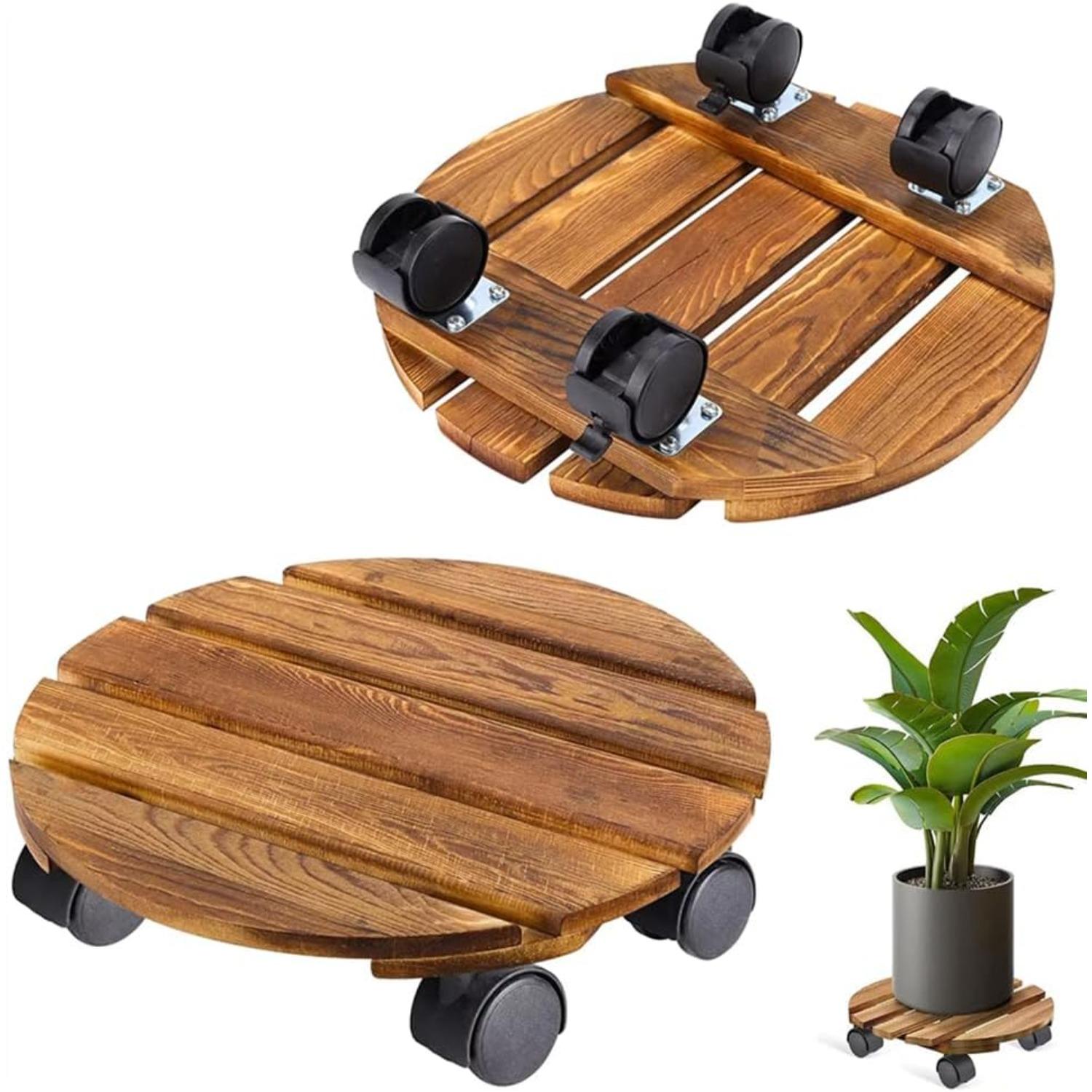 1pack Plant Caddy with Wheels, Rolling Plant Stand 220 LB Heavy Duty Wooden Round Plant Dolly with 360° Lockable Caster Wheels for Outdoor Indoor Large Plant Pots, Flower Pot, Patio