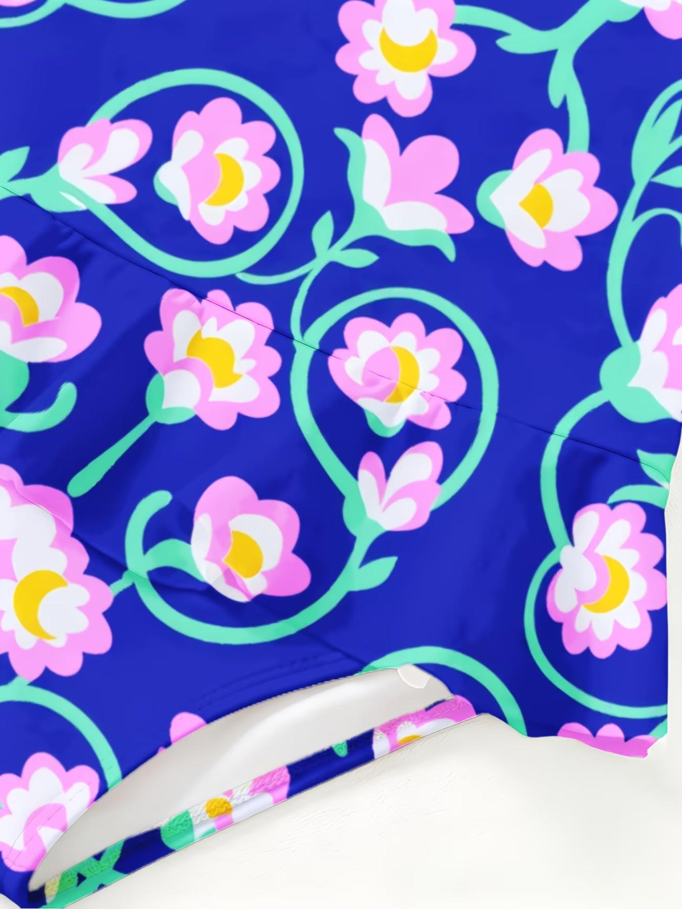 Floral Print Girls' Jumpsuit, Cute Cartoon Design, Ruffled Quick-Dry Swimwear, Fashionable Beach Party, Slim-Fit Style