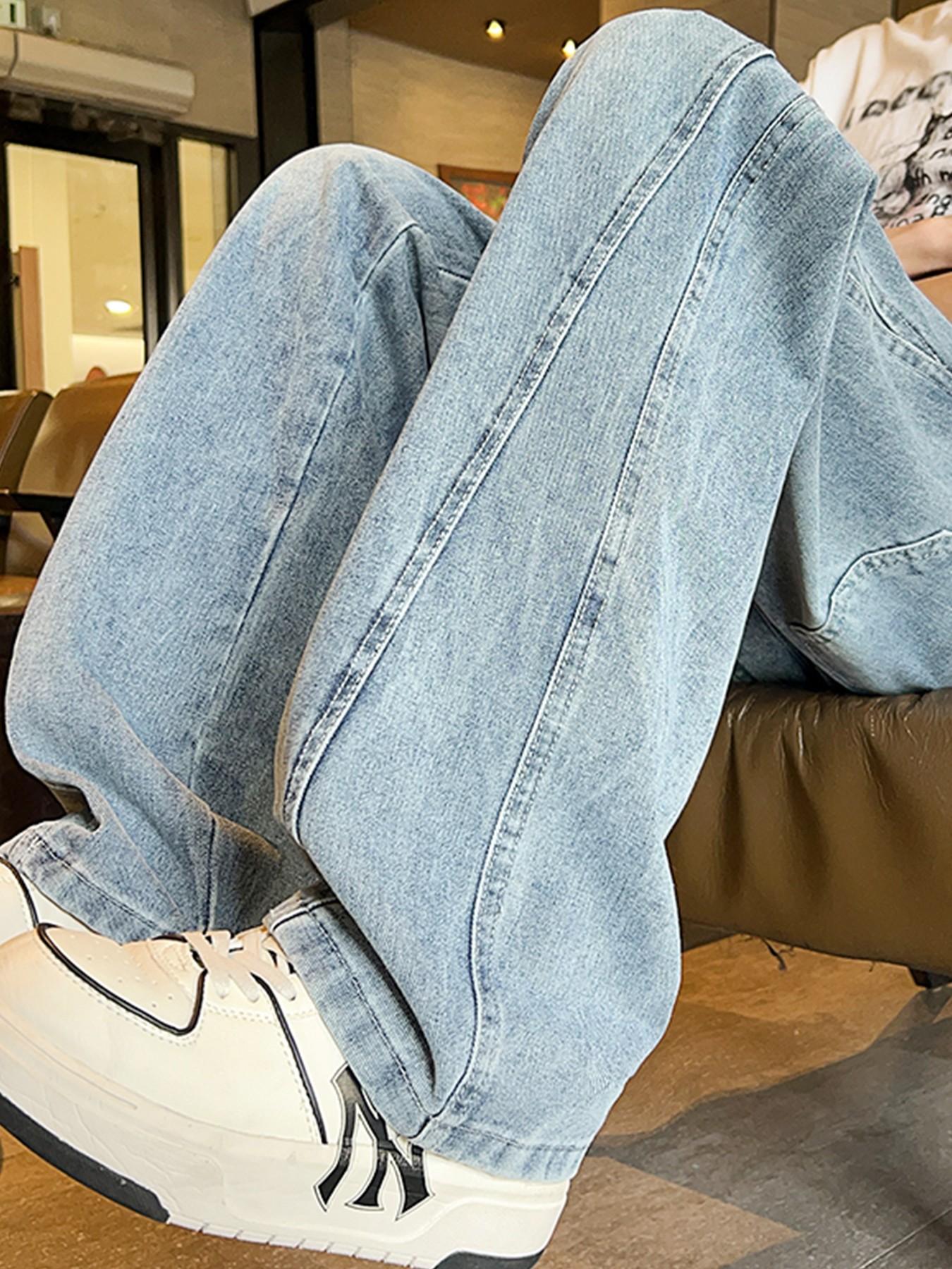 Men’s Light Blue Washed Jacquard Jeans with Drawstring Waist and Vertical Panel Seams, Baggy Wide Leg Y2K Streetwear Denim Pants