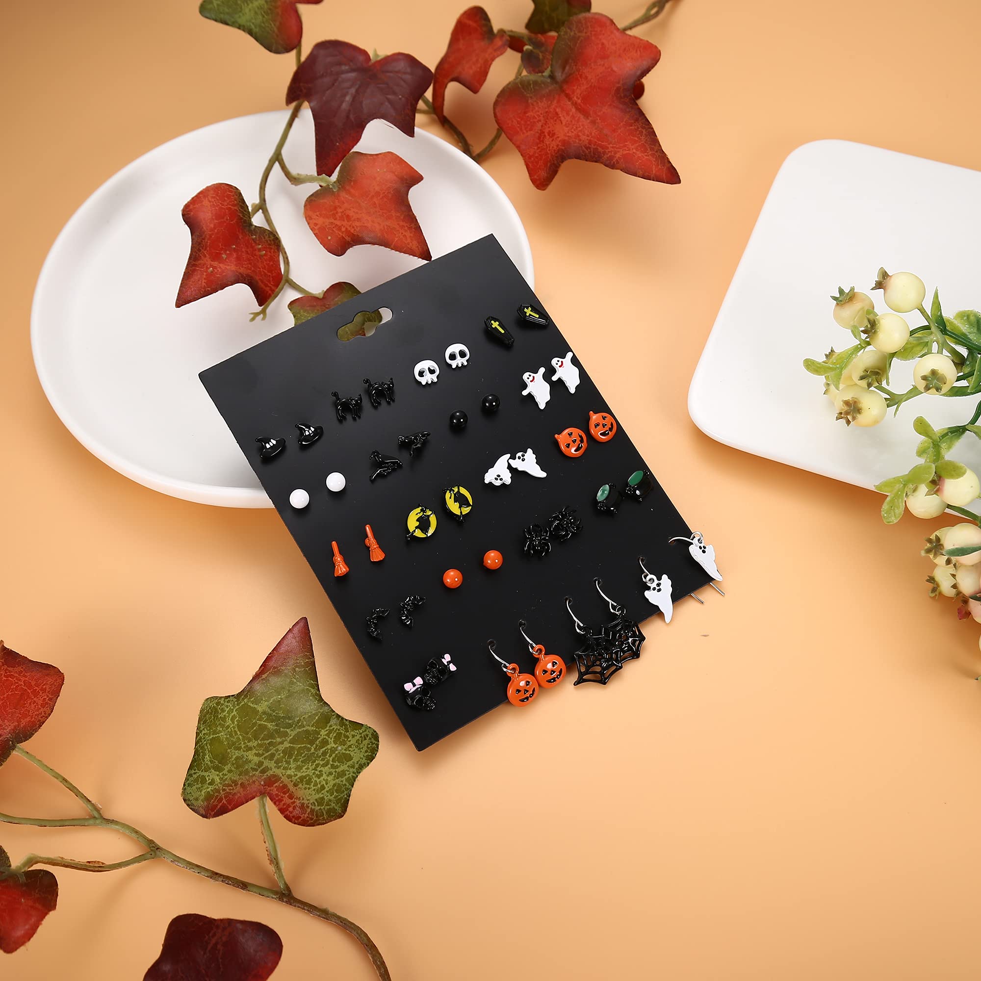 Milacolato 20 Pairs Halloween Earrings Set for Women Teen Bat Cat Witch Stud Earrings Spider Web Pumpkin Ghost Drop earrings Halloween Jewelry