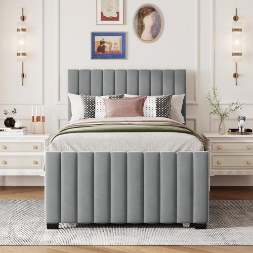 [Bellemave]Twin/Full Size Velvet Upholstered Platform Bed with Twin Size Trundle