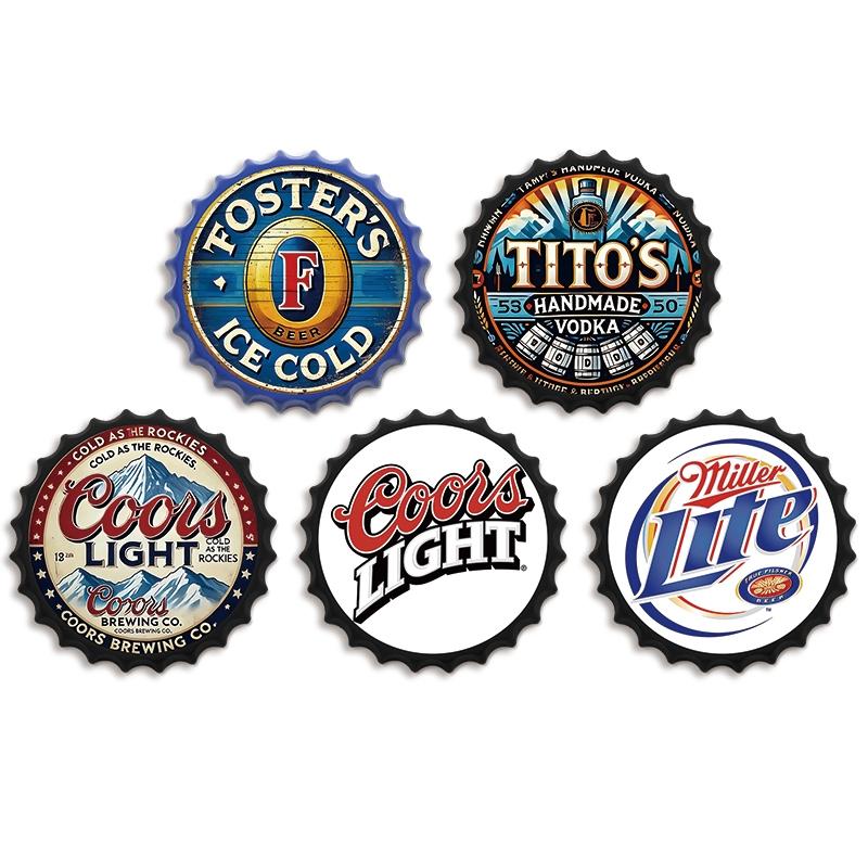 [Retro Bar Wall Decor] Vintage Metal Sign - 13.7" Beer Bottle Cap Retro Wall Decor | Black and Blue Border for Bar, Pub, Man Cave & Kitchen