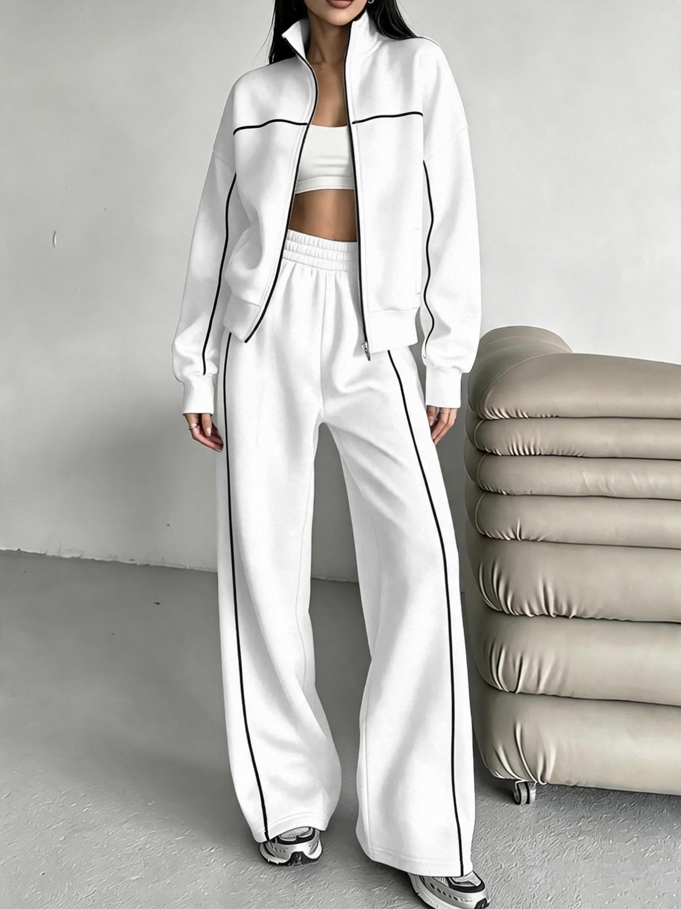 Women's Two-Piece Set, Fall Winter, Long Sleeve Zipper Stand Collar Sweatshirt, Mid-Waist Pants, Casual Office Wear, Multiple Colors Available, Clothes