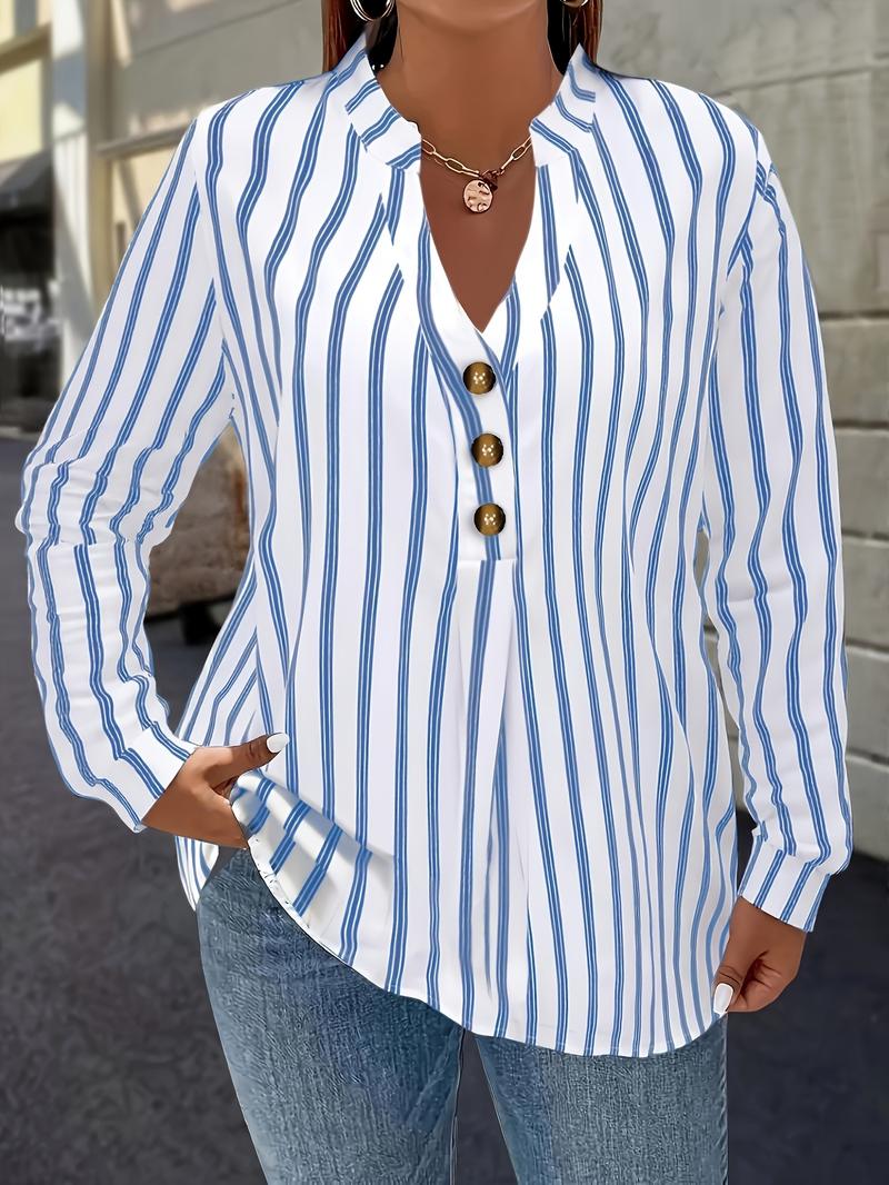 Elegant Plus Size Women's Striped Bishop Sleeve Blouse, Stylish Lapel Collar Decorative Button Shirt, Fashionable Casual Top