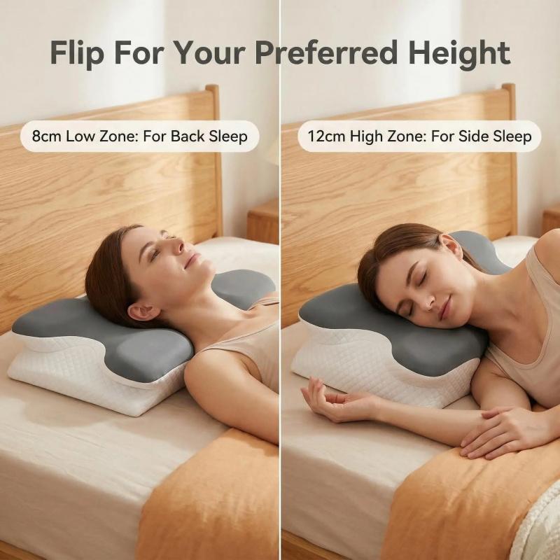 Ergonomic Bed Pillow with Cool Touch Cover, Contour Memory Foam Neck Support, Odor-Free Core, Ideal for Side, Back, Stomach Sleep, Contoured Memory Foam