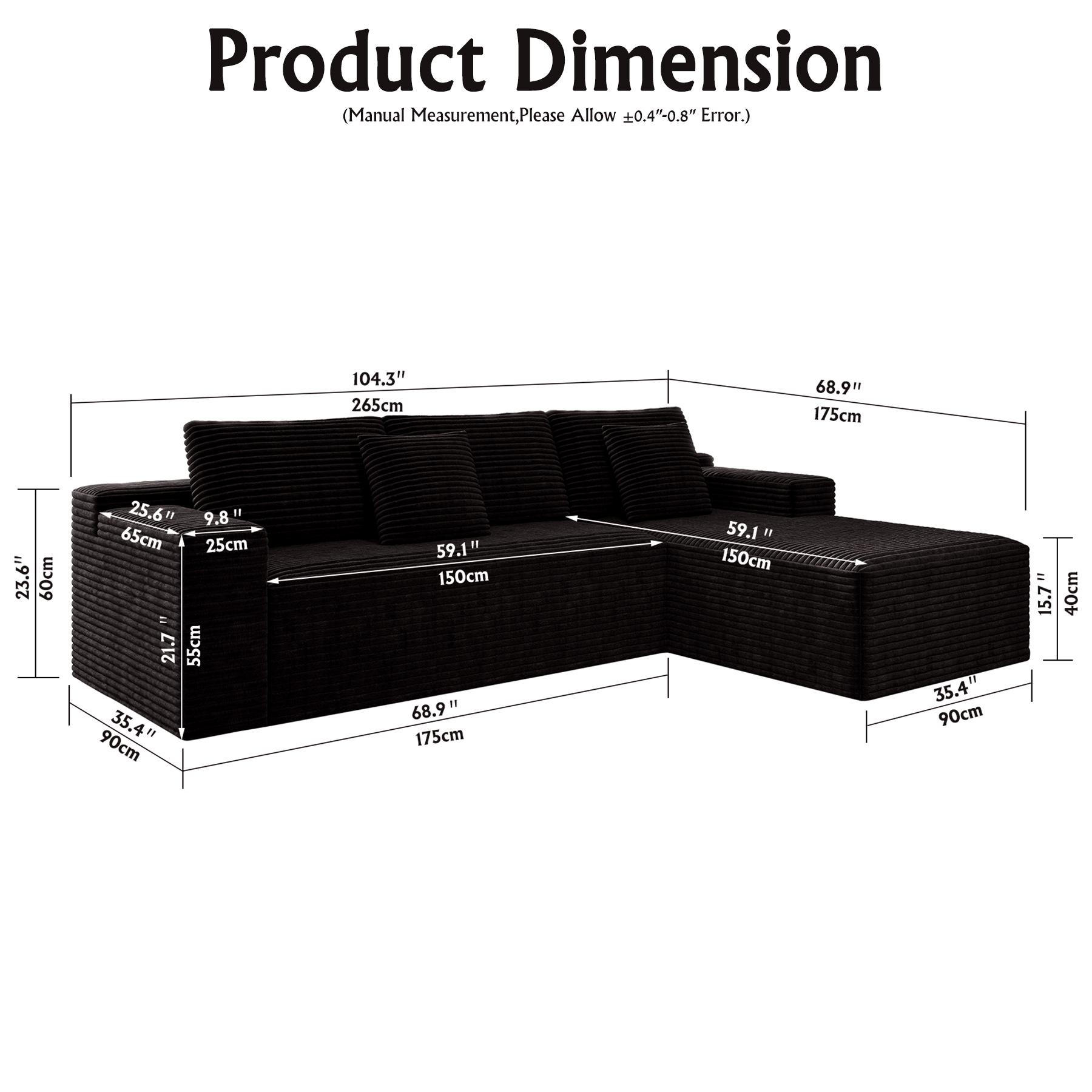 104" sofa living room Black Plush Corduroy Cloud VelvetModular Couches with Chaise, NoAssembly Required -L-ShapedSectional Sofa Set with FlexibleConfiguration boneless sectional furniture 104" sofa living room Black Plush Corduroy Cloud VelvetModular Couches with Chaise, NoAssembly Required -L-ShapedSectional Sofa Set with FlexibleConfiguration boneless sectional furniture