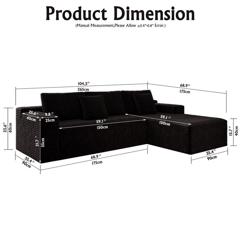 104" sofa living room Black Plush Corduroy Cloud VelvetModular Couches with Chaise, NoAssembly Required -L-ShapedSectional Sofa Set with FlexibleConfiguration boneless sectional furniture