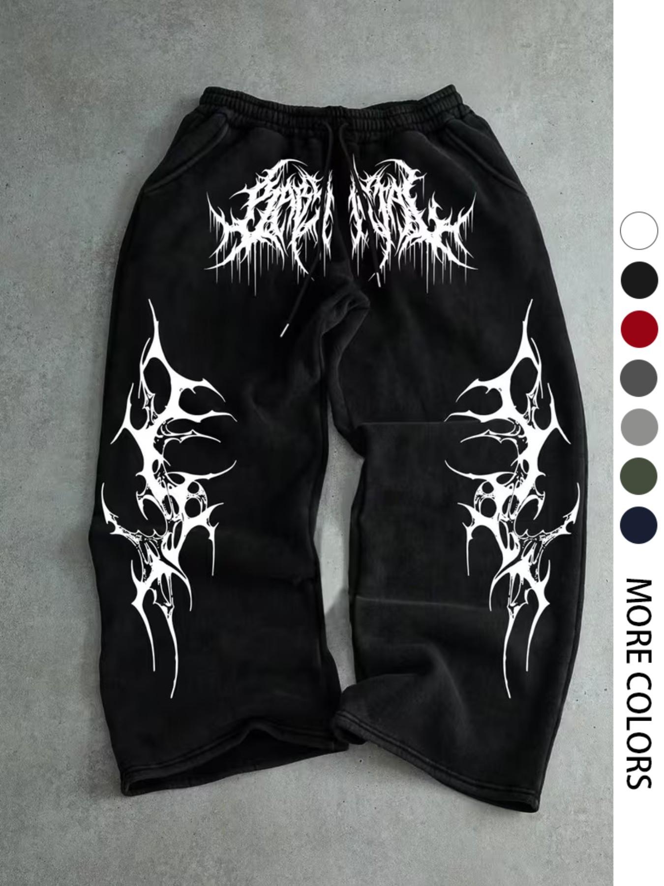 Men's Casual Sport Pants, Fringe Thorn Pattern Print Sweatpants, Drawstring Wide Leg Leisure Long Pants, Suitable for All Seasons