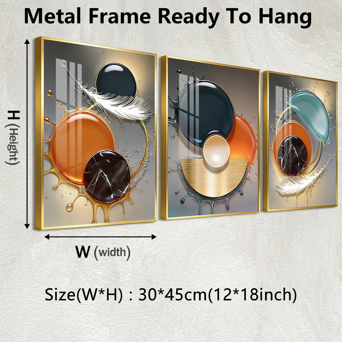 3 Counts Aluminum Alloy Framed Painting, Abstract Color Liquid Splash And Feather Art, Home Decoration For Living Room, Bedroom, Office, Restaurant, Hallway Wall Decor, Odorless Print Artwork, Luxury Perfect Gift For Friends And Family