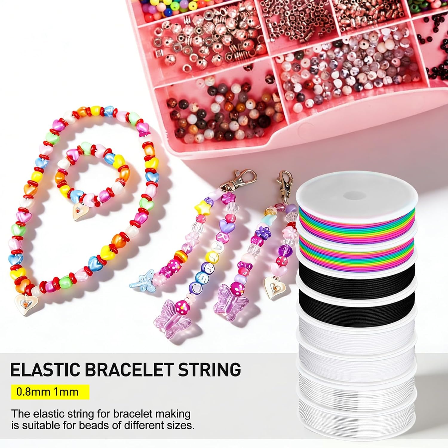 8 Pack Elastic String Set for Bracelets, 0.8mm & 1mm Multi-Color Stretchy Bead Cord for  Making, Beading, DIY Crafts and Necklaces - 132ft  (Rainbow, Clear, White, Black)