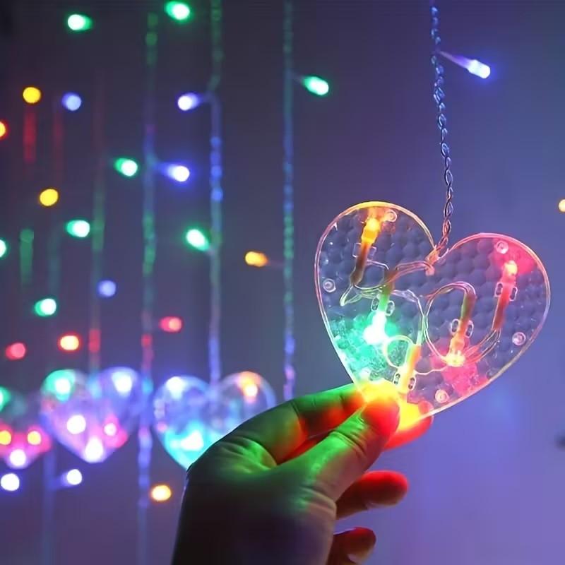 Valentine's Day LED Heart Curtain Light, Hanging Romantic Atmosphere Lamp for Bedroom Living Room Proposal Holiday Party Decoration, LED Lights