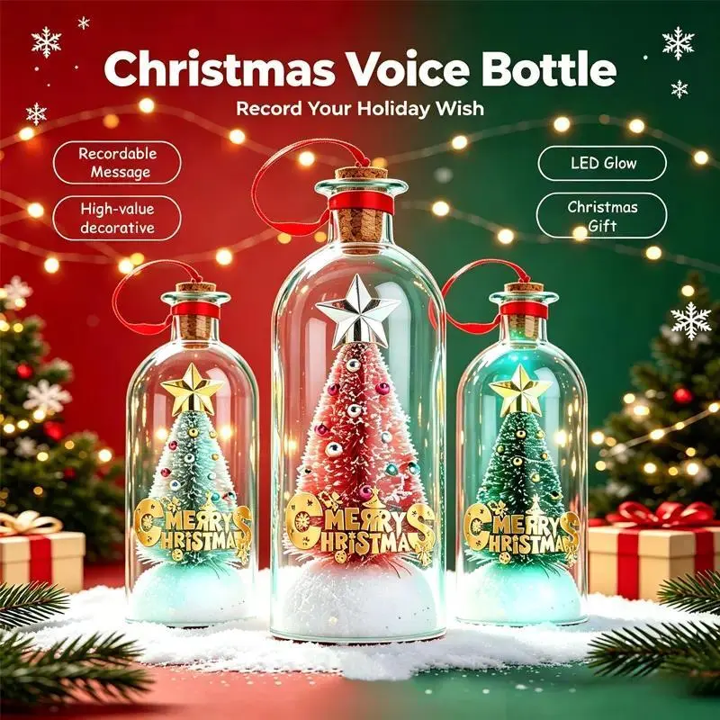 Voice Recordable Christmas Tree Bottle Personalized Voice Message Ornament LED Glowing Lighted Decor Interactive Holiday Keepsake Christmas Gift