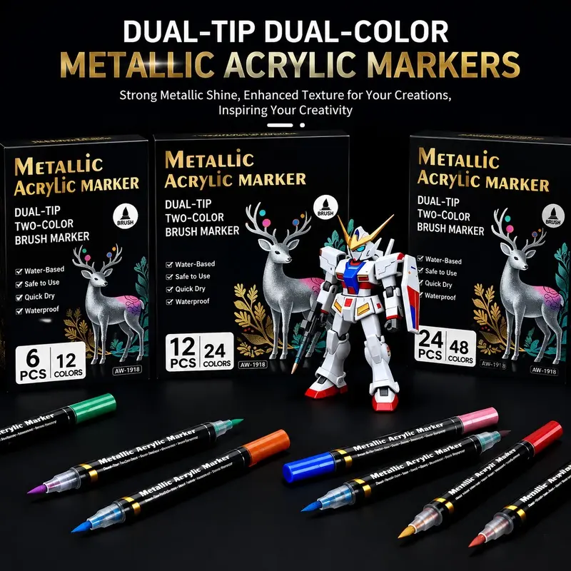 Metallic Acrylic Marker Set delivers vibrant shimmer pigments with excellent adhesion and lasting color. The dual-tip design offers flexible creativity, while smooth-flowing ink works well on various surfaces.