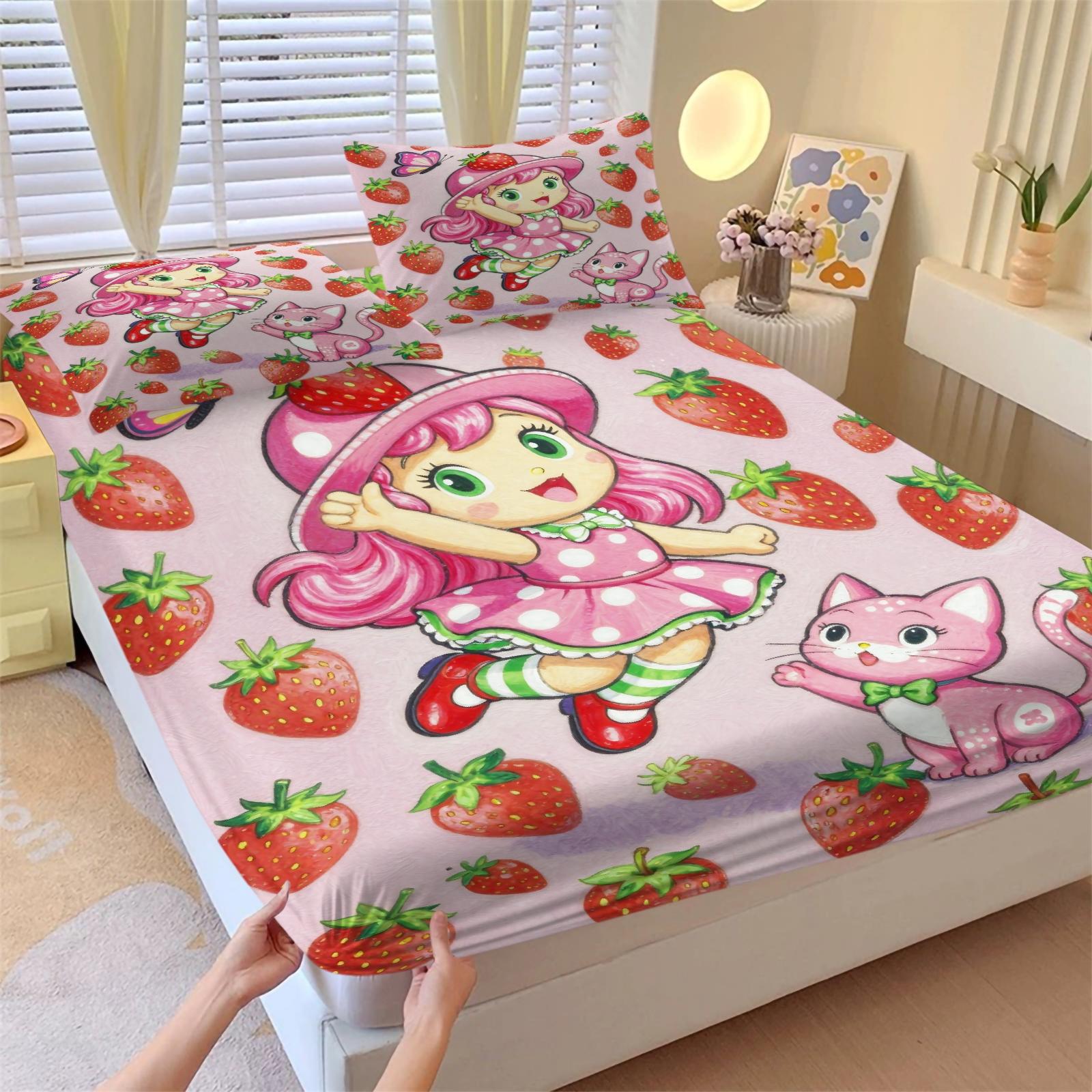 Strawberry Shortcake Gingham Fitted Sheet Set, 1 Fitted Sheet + 2 Pillowcases - 3 Pcs Soft Breathable Bedding with Deep Pocket, 360° All-Round Wrap, Wrinkle Resistant, Cute Strawberry Cartoon Bed Sheets for Girls Bedroom Decor, Full Size