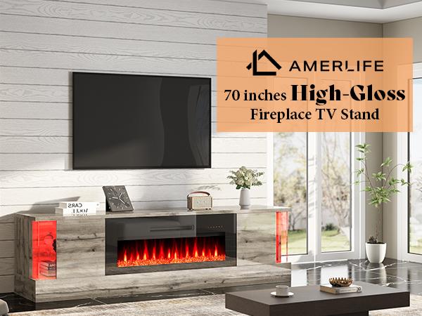 VanAcc Modern TV Stand with Fireplace for Living room, 70"/80" Entertainment Center with LED Lights, Flip Doors & Corner Glass Decor, Large Storage Space Apartment Furniture for TVs up to 80"/90"