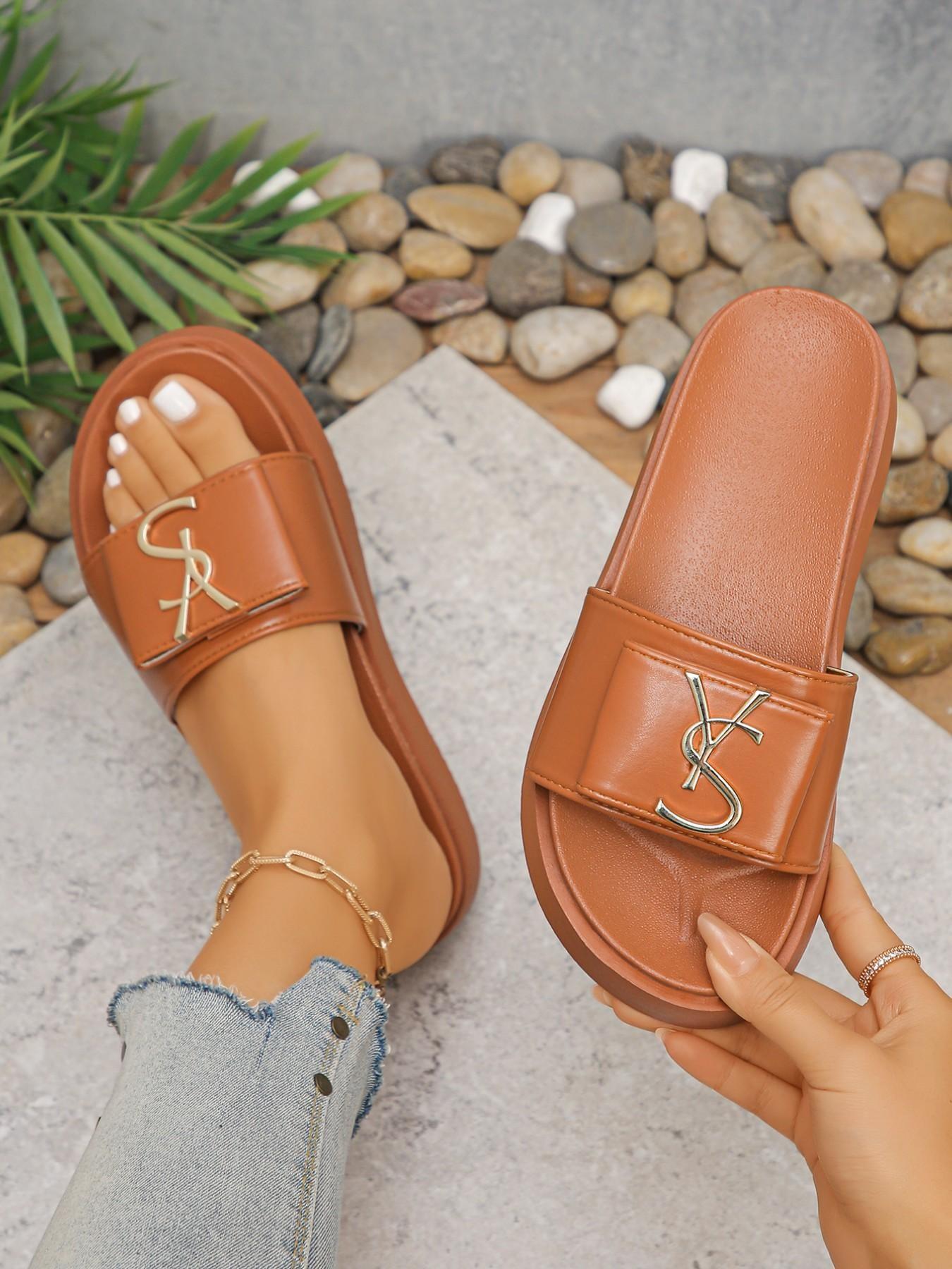 Women's Thick Sole Platform Sandals, Summer Indoor Outdoor Fashion, PU Leather, Rubber Sole, Plain Pattern, Trendy Slippers, Beach Shoes