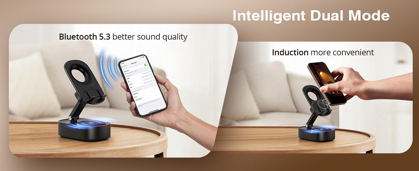 Wireless Induction Speaker, Cell Phone Stand with Bluetooth Audio, Phone Speaker Amplifier Foldable for iPhone, Android, iPad, Birthday Gifts for Men Women Teenage Boy Dad Father