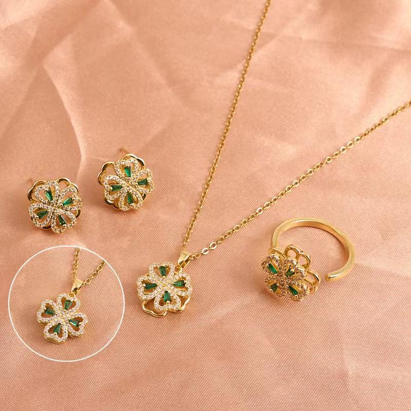 Colorful rotating white stone geometry niche novel design pendant temperament All-match three-piece set, shiny rotating earrings & necklaces & rings,Moissanite Earrings diamond stud holiday party gift woman birthday gift