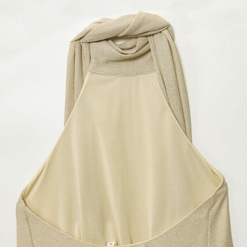 Beige Top With Scarf Detail Unique Draped Scarf - Neck Sleeveless Blouse Layered Women's Piece Metallic Thread Tank Top Resort Vests Elegant Spaghetti Strap