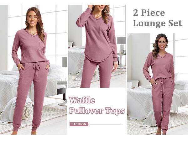 Becotal Womens Two Piece Outfits Lounge Sets Waffle Knit Long Sleeve Pullover Tops and Jogger Sweatpants Tracksuits 2025 Spring Springtok Clothes Womenswear Bottoms Comfy Essential Knitted Loose Basic Camel