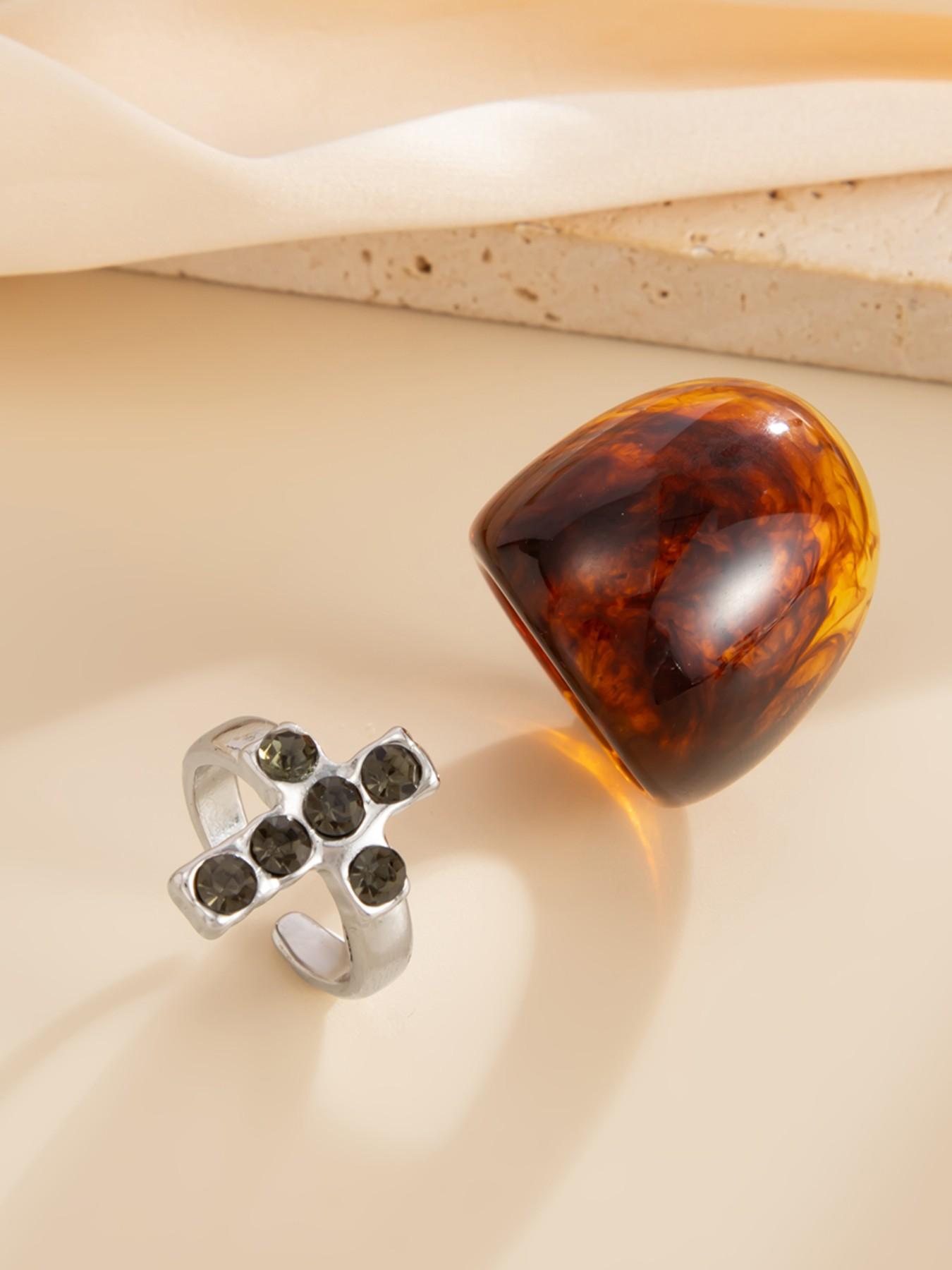 2 Pcs Vintage Geometric Amber Ring Set, Women's Metal Rhinestone Cross Rings, Party & Daily Wear Jewelry Gift Set
