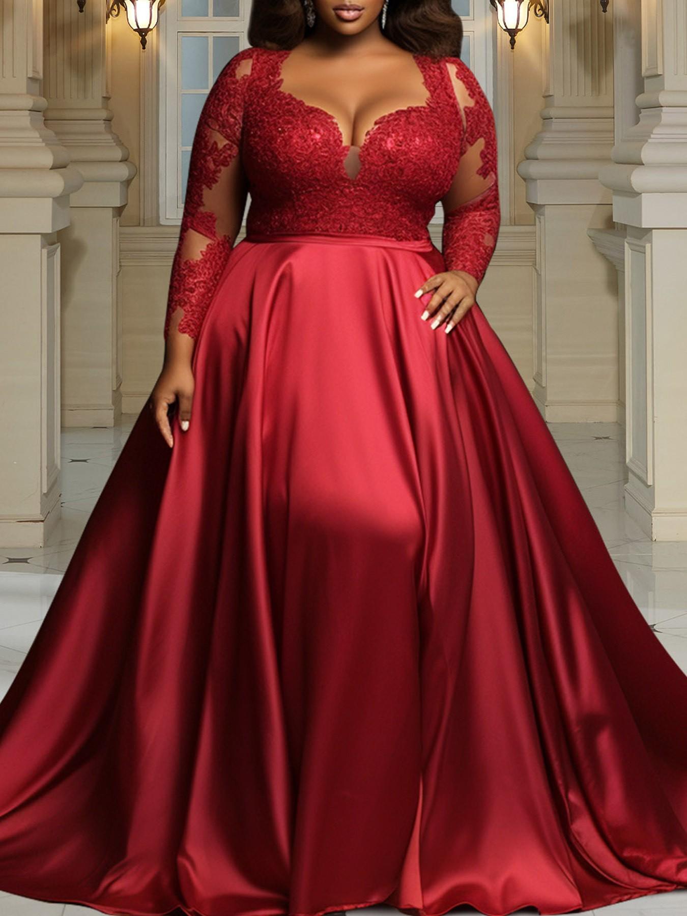 Elegant Heart Neckline Lace Mesh Patchwork Satin Long Dress, Plus Size Wedding Banquet Ball Gown, Slimming and Stylish Evening Dress