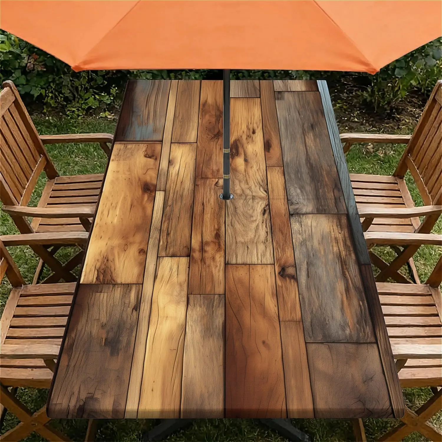 Rectangle Outdoor Tablecloth for Patio Table with Umbrella Hole, Waterproof Zippered Fitted Table Cover, Elastic Edge Wipeable Picnic Table Cloth, 48x24 inch, Wood Plank