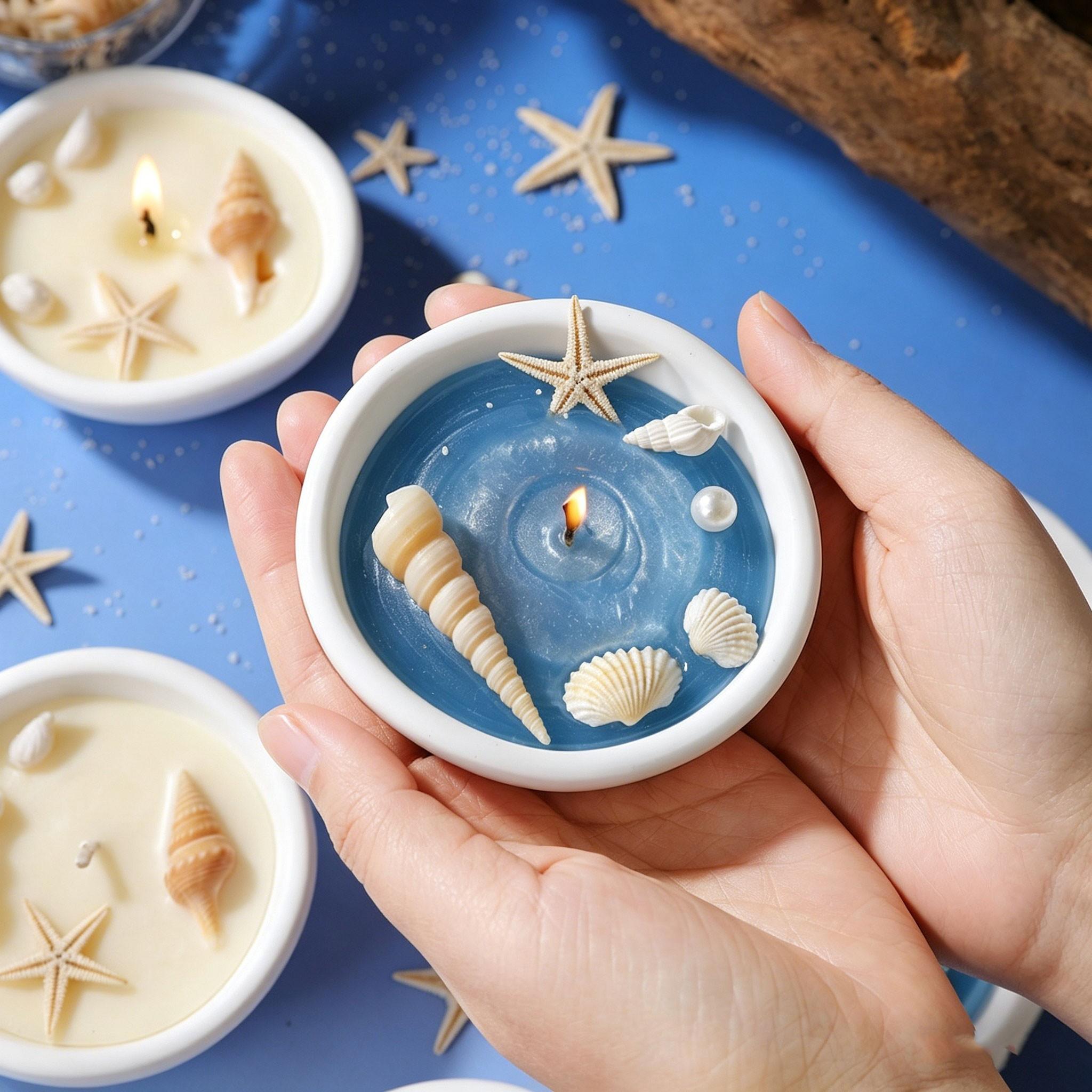 Ocean Aromatherapy Candle, Shell Starfish Pearl Decor, 2 Colors, Long-Lasting Ocean Scent, Non-Toxic Wax, Coastal Home Spa Gift