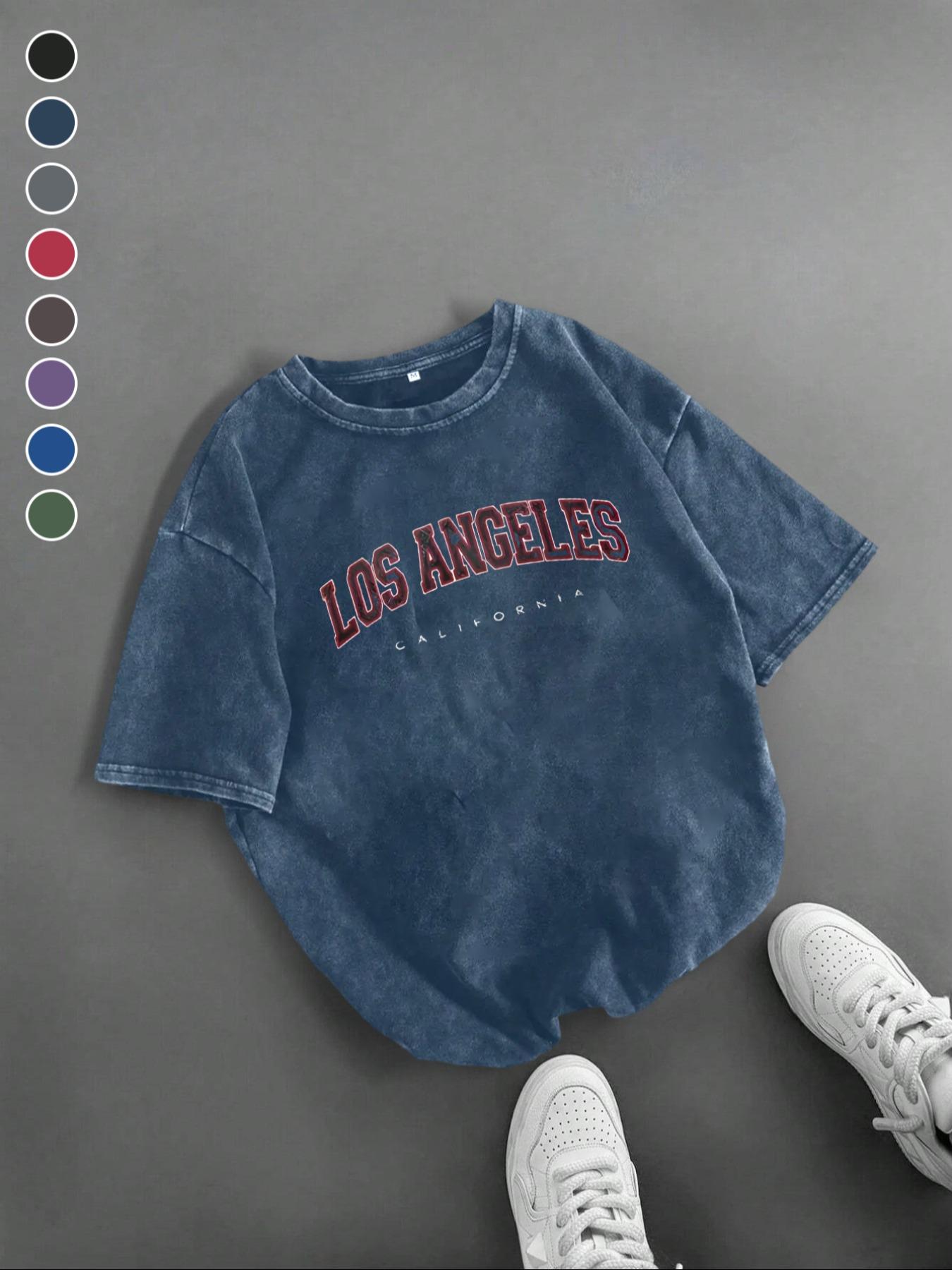 Men's Los Angeles Letter Print Short Sleeve Graphic Tee, Vintage Trendy Casual Round Neck T-shirt for Daily Wear, Men's Summer Outfit, Tops