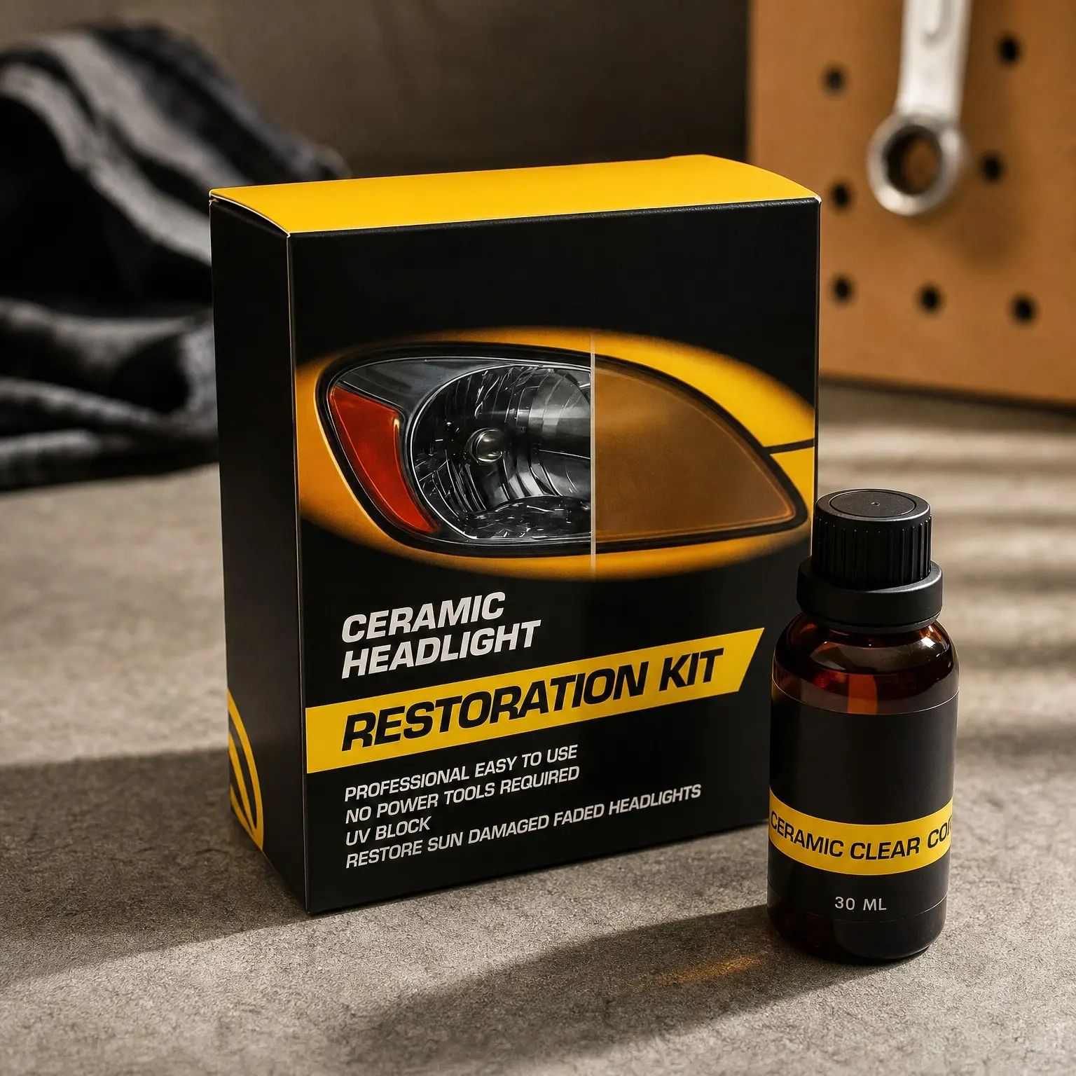 Ceramic Headlight Restoration Kit - No Power Tools Needed - 3 Easy Steps - Permanent Ceramic UV Protection - Restores Oxidized, Clouded, Yellowed Plastic Headlight Lenses - Self-Leveling Clear CoatGift