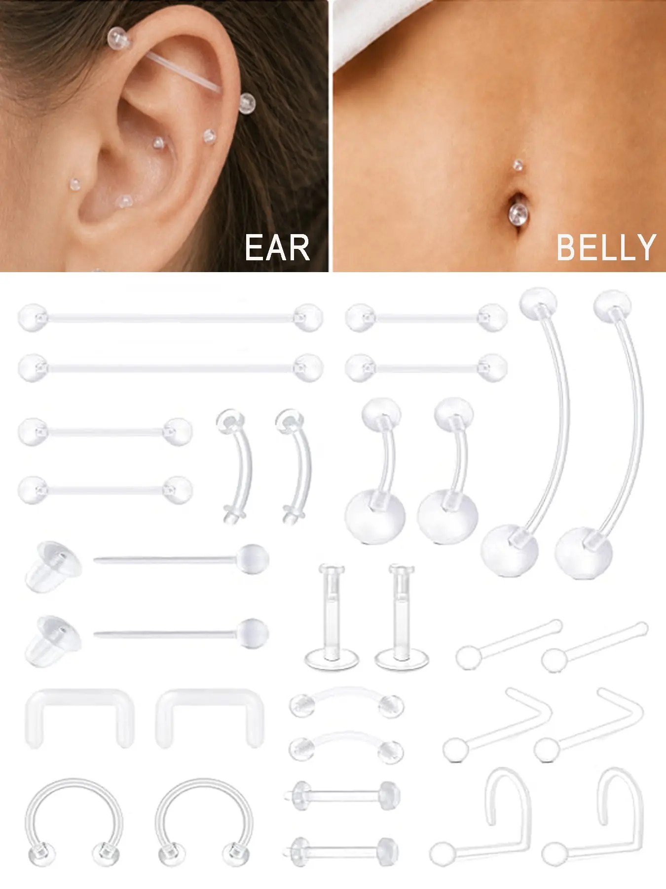30pcs Clear Piercing Retainers Set Bioflex Plastic Jewelry for Nipple Tongue Nose Septum Eyebrow Belly Earrings Tragus Helix Cartilage Industrial Lip Labret Rings Studs For Surgery Mri