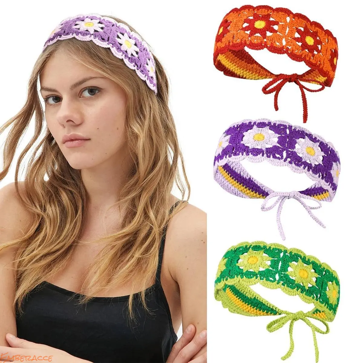 3 Pack Headbands for Women, Boho Floral Crochet Knit Hair Wraps, Wide Elastic Soft Stretch Hair Bands, Handmade Style Fashion Hair Accessories for Girls, Cute Hair Wrap Headbands for Everyday Wear, Casual Outfits, Festivals and Travel