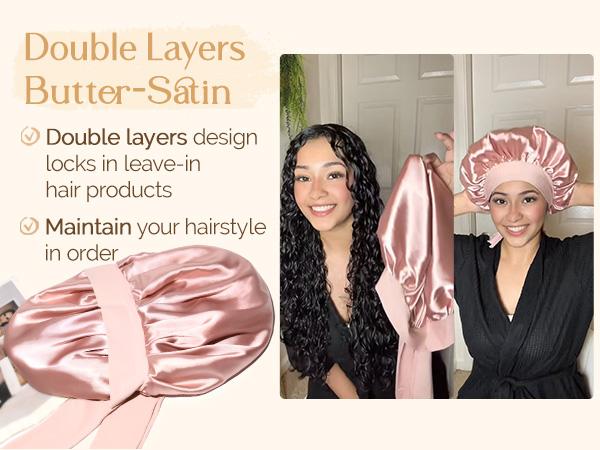 YANIBEST Satin Bonnet with Tie Band for Sleeping Double Layer Satin Lined Silk Bonnet for Sleeping Hair Bonnets for Women Natural Curly Hair,TikTokShopBlackFriday