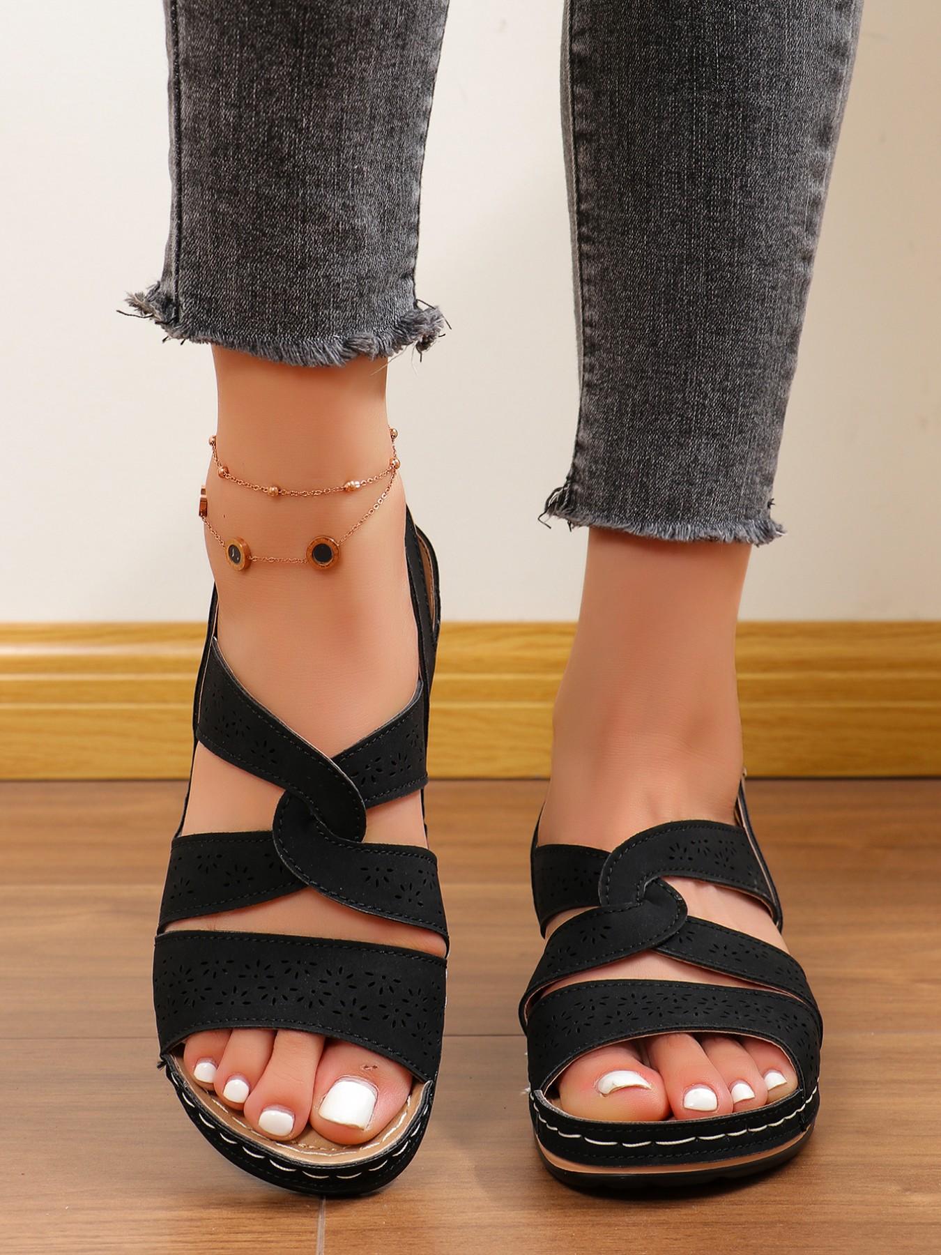 Casual Stretch Roman Sandals with Stitched Decorative Sole, Soft Wood Grain Bottom, Ultra-Comfortable, Perfect with Jeans and Dresses